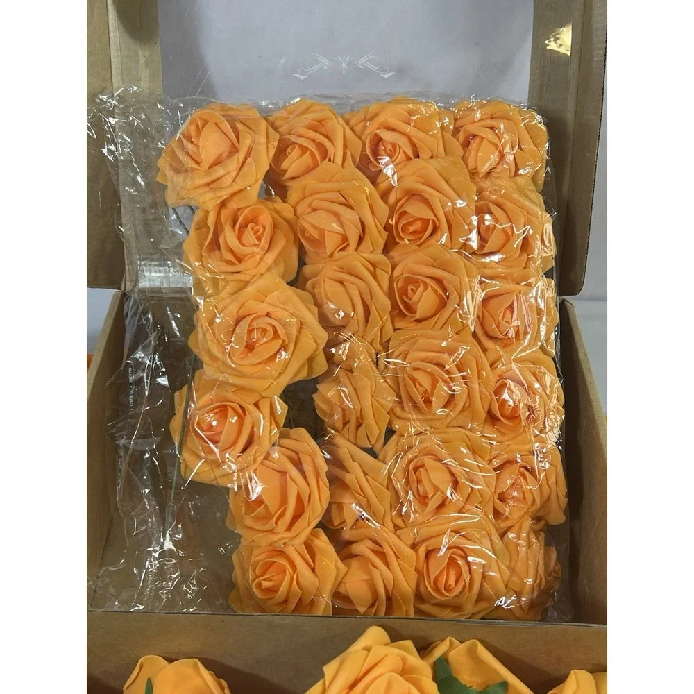 Artificial Rose Flowers 54 Pc Real Touch Fake Flowers with Stem Orange Faux Foam